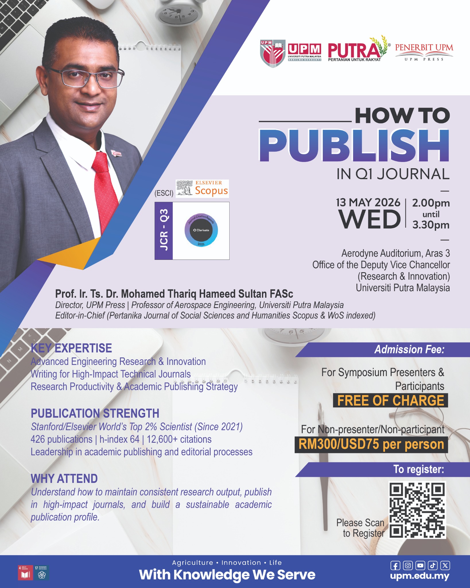 Session poster featuring Prof. Ir. Is. Ts. Dr. Mohamed Thariq Hameed Sultan FASc